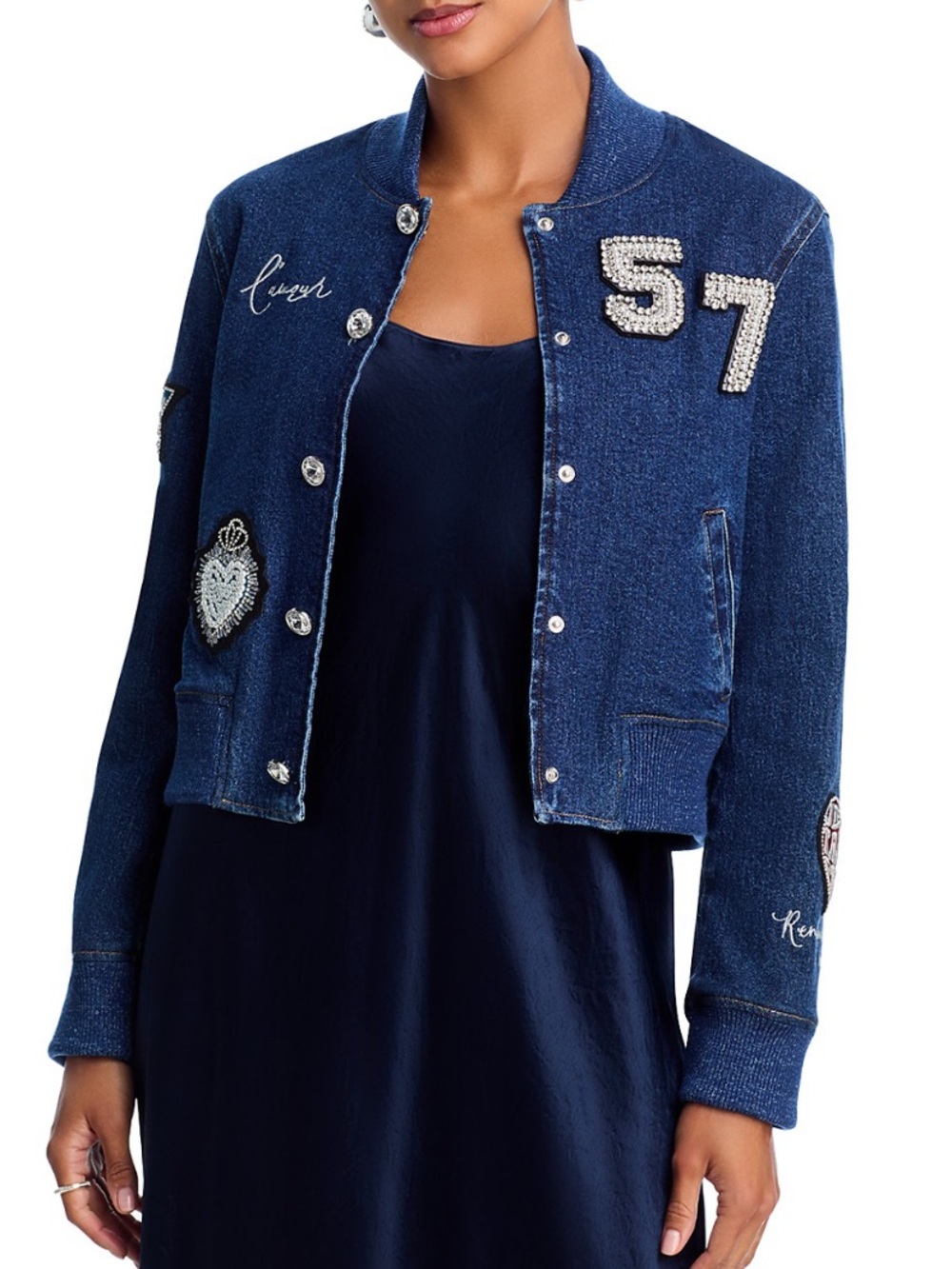 Cinq a Sept Varsity Navy Embellished Denim Jacket